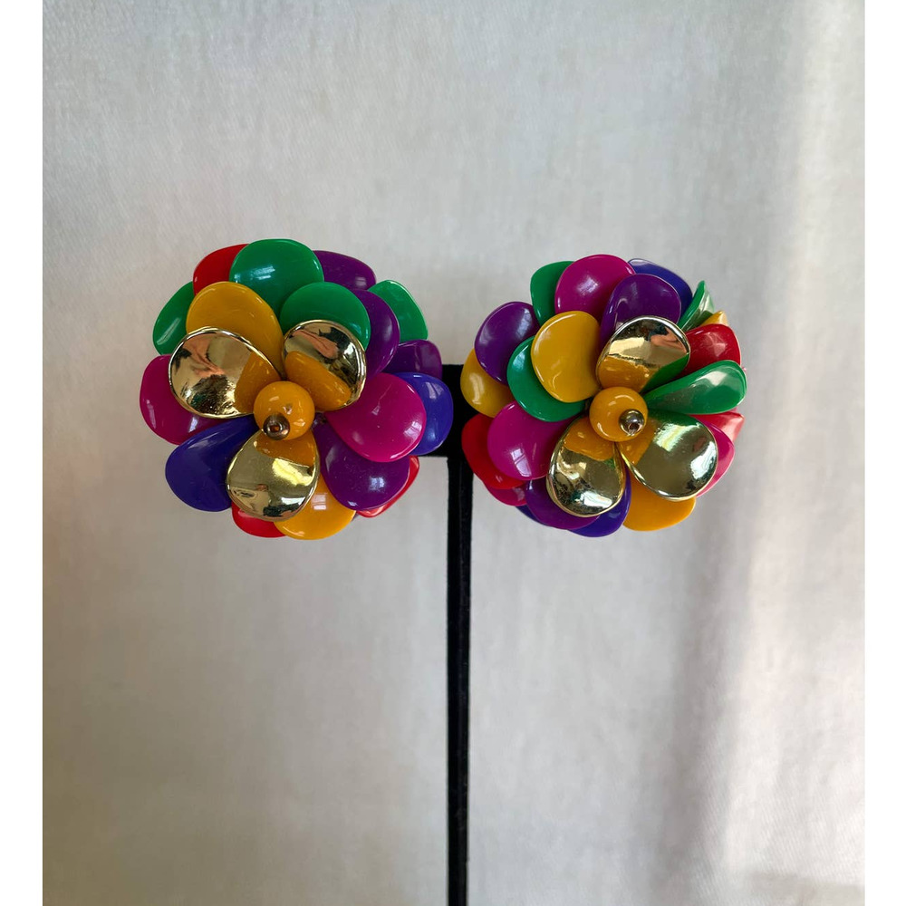SOLD Vintage 1980s Rainbow Multicolored Flower Beaded Statement Clip-on Earrings